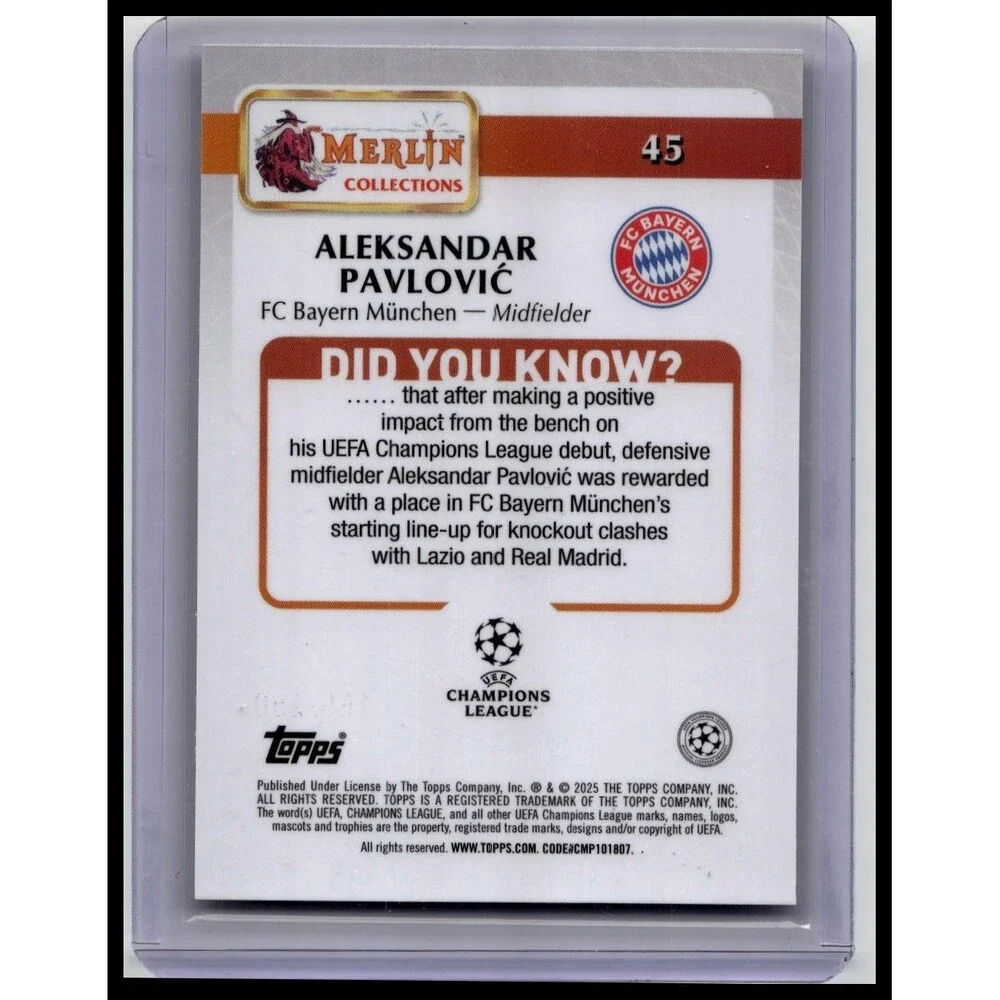 2024-25 Merlin UEFA Aleksandar Pavlović #45 FC BayernRose Gold Speckle #/250